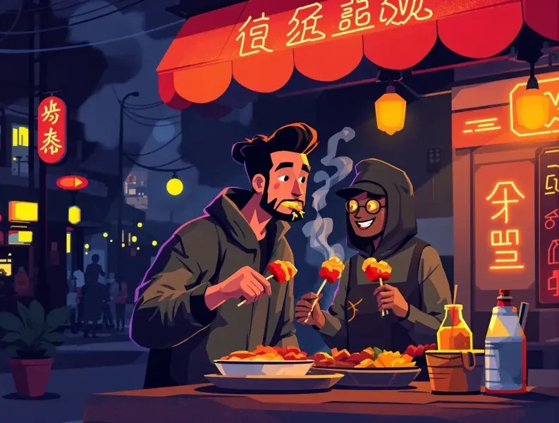 顶流深夜街边吃烤串，助理拎着一袋辣条全程护驾